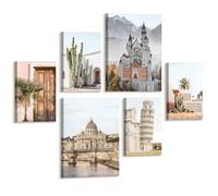 6 Pcs Nuevo Castillo de Piedra del Cisne Marco de Madera Cuadros Decoracion Salon, Torre Inclinada de Pisa Cuadro Pintura Lienzos Decorativos Basílica de San Pedro Murales Para Dormitorio Comedor