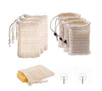 6 Pcs Sisal Soap Bags, Natural Organic Soap Bag, Exfoliating Soap Saver Pouch with Drawstring, Mesh Soap Bags with 6 Self Adhesive Hooks for Foaming Drying The Soap Shower Bath Exfoliating (12x14cm)