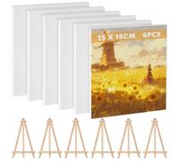 6 PcsLienzos para Pintar, 15 x 15cm Lienzos Preestirados Algodón, Lienzos Enmarcados, Canvas para Pintar, Lienzo Blanco para Pintura Acrílica Bocetos Dibujos + 6 Mini Caballete de Madera(11 x 19cm)