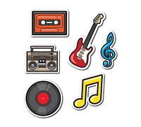 6 pegatinas musicales: disco, casete, guitarra, notas musicales y bláster de gueto