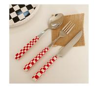 (6 Pieces) Chequerboard Ceramic Handle Kitchen Stainless Steel Silverware Tableware Flatware Cutlery Set Steak Knife Fork Spoon Teaspoon(Red)
