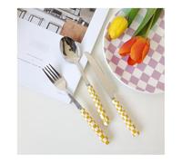 (6 Pieces) Chequerboard Ceramic Handle Kitchen Stainless Steel Silverware Tableware Flatware Cutlery Set Steak Knife Fork Spoon Teaspoon(Yellow)
