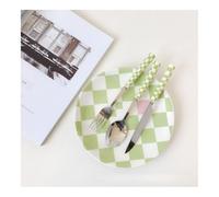 (6 Pieces) Chequerboard Ceramic Handle Kitchen Stainless Steel Silverware Tableware Flatware Cutlery Set Steak Knife Fork Spoon Teaspoon(Green)