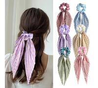 6 Pieces Colorful Bow Tie Scrunchies with Long Glitter Satin Ribbon Retro ribbon hair tie for women, ponytail hair band accessory for Women and Girls.