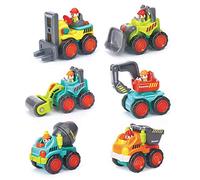6 Pieces Construction Vehicles Toy Trucks Set - Bulldozer, Cement Mixer, Dumper, Forklift, Excavator and Road Roller for Your Little Contractor - Push and Go Sliding Toys for Toddlers 18m+