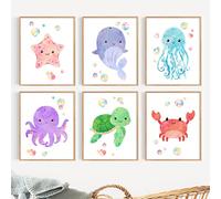 6 Piezas Ballena Pulpo Estrella de Mar Cangrejo Guardería Cuadro Sobre Lienzo para Pared Carteles de Animales Marinos e Impresiones Cuadros de Pared Decoración de Habitación Bebé y Niño-A4 (Sin Marco)