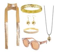 6 piezas de accesorios de discoteca de los años 70 para mujer, disfraz de discoteca, bufanda de lentejuelas, diadema, pulsera de diamantes, collar de bola, aretes, Uniform size, Oro Metal Gema Resina