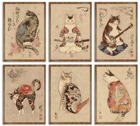 6 piezas de arte de pared de gato samurái japonés, impresiones artísticas de póster de Japón Bushido Decoración Kung Fu pinturas tatuaje divertido fantasía foto foto lienzo pintura para sala de estar