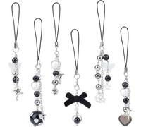 6 piezas de colgantes punk para teléfono - Accesorios de funda con correas de acrílico negro con forma de corazón, luna, llave, estrella y lazo -