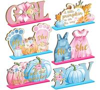 6 piezas de decoración de fiesta de calabaza pequeña de otoño, centros de mesa de revelación de género, decoración de mesa con texto en inglés "A Little Pumpkin is on The Way", decoración de mesa azul