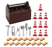 6 Piezas De Herramientas De Metal, 1 Pieza De Caja De Madera, 15 Piezas De Ladrillos Y 10 Piezas De Conos De Tráfico, Accesorios para Casas De Muñecas, Mini Modelos, Micropaisajes De Bricolaje