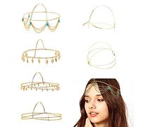 6 piezas de tocado de cadena dorado multicapa, cadena de diadema con borla de perlas, cadena de tocado con colgante de cristal, cadena de diadema con capas de lentejuelas doradas