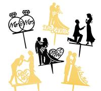 6 Piezas Decoración para Tartas de Boda, Novia y Novio Silueta Acrílico Mr & Mrs Cake Topper para Compromisos Aniversarios de San Valentín (Negro y Oro)