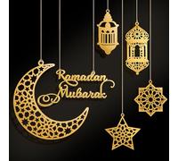 6 Piezas Decoración Ramadan Kareem, Decoración Islámica Luna y Estrella Dorada, Set de Bandera y Colgantes para Fiesta Eid Mubarak, Decoración para Ramadan, Eid al-Fitr y Fiesta del Azúcar (Dorado)