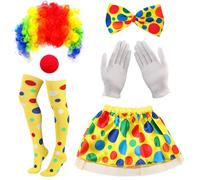 6 Piezas Disfraz de Payaso Mujer Carnaval, con Peluca Arcoíris, Nariz de Payaso, Pajarita, Guantes, Minifalda y Calcetines Altos, Accesorios de Disfraz Cosplay, para Carnaval y Fiestas de Halloween