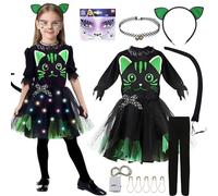 6 Piezas Disfraz Gato Niña,Gato disfraz Conjunto de Cosplay,LED Disfraz de gato para Halloween,Disfrazs de Cosplay con Diadema Orejas Gato,Tatuaje Facial Cola gatos para Halloween Carnaval y Cosplays