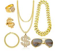 6 Piezas Disfraz Rapero Disfraz Hip Hop Rapero Gafas Hip Hop 8090's Theme Party Carnaval Retro Styling Halloween Navidad Maquillaje Fiesta Collares y Anillos Dollar Sign Accesorios Hip Hop y Disco