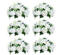 6 Piezas Flor Artificiales, 15 Cabezas Rosas Plástico con Base, Adecuadas para el Estante Central Flores de Nuestra Tienda para Fiestas Decoración del Hogar(Blanco)