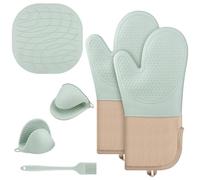 6 Piezas Guantes de Horno y Cacerola, Guanto Forno, Diseño de Silicona, Antideslizante y Resistente al Calor, Adecuado para Cocinar, Hornear y Asar a la Parrilla (Verde Menta)