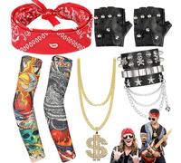 6 Piezas Punk Gothic Rocker Kit, Kit de Disfraces de Hip Hop Rapero Accesorios 80's, Fundas de Mangas de Tatuaje Rockero, Guantes de Punk Negra, Gafas De Sol, Pulseras De Cuero Pu