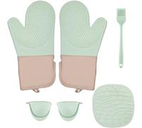 6 Piezas Set Manoplas Horno Silicona con Cepillo, Guantes Horno Resistentes Calor, Guantes Antideslizante Cocina, Oven Gloves Profesional para Cocinar, Hornear, Asar Parrilla (Verde Menta)