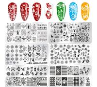 6 plantillas de estampado de uñas de acero inoxidable con diseño de copo de nieve, Papá Noel, alce, pingüino, calcetines, plantillas de esmalte de uñas, 6 unidades