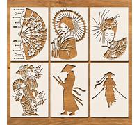 6 plantillas japonesas de geishas y samuráis, reutilizables y a color, con intrincados florales y para de pared, tela, y decoración del hogar