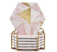 6 posavasos de m?rmol rosa con soporte, posavasos absorbentes dorados, bonitos posavasos de cer?mica para mesa, accesorios de cocina, posavasos decora