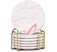 6 Posavasos de mármol Rosa para Bebidas, Posavasos de cerámica absorbentes con Soporte, Posavasos Redondos Decorativos para té, Corcho, Juego de Posavasos Modernos, Posavasos de Mesa y Bebidas