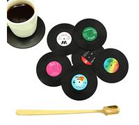 6 posavasos de silicona antideslizantes con 1 cucharadita, almohadillas de CD de vinilo retro, almohadillas de aislamiento térmico, protectores de oficina, posavasos redondos, para café, bebidas,