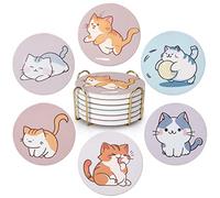 6 Posavasos Lindos Divertidos de Gato con Soporte, Posavasos de cerámica absorbentes para Mesa, Posavasos de Bebidas, Regalo Redondo, Multicolor, Bebidas, Cerveza, Mejores Posavasos Divertidos para