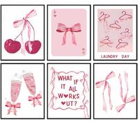 6 pósteres de coqueta de moda con lazos rosas para decoración de habitación, acuarela, lazo rosa claro, impresiones en lienzo para decoración de apartamento universitario, póster rosa de 8 x 10