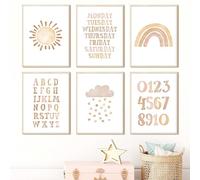 6 Posters Abecedario Niños Laminas Boho Arcoiris Nubes Sol Habitacion Bebe Cuadro Sobre Lienzo Decoracion Pared Dormitorio Infantil Regalo 21x30 cm sin Marco