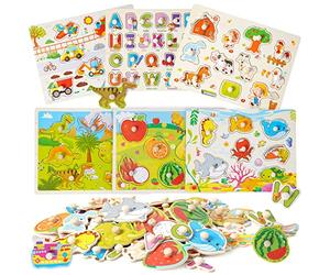 6 Puzzles en Bois Puzzle à Encastrement Jouet Éducatif Montessori Puzzle de Ferme,Véhicules de Trafic,Alphabet, Insectes, Animaux Marins, Dinosaures Cadeau pour Enfant 1 2 3 4 Ans