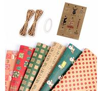 6 rollos de papel de regalo de Navidad, papel kraft de Papá Noel, lunares, búfalo, papel de regalo con cuerda, calcomanías para baby shower, vacaciones, fiesta, 19.7 x 27.6 por rollo, rojo, verde y