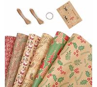 6 rollos de papel de regalo de Navidad, papel kraft de Papá Noel, pino, bayas, papel de regalo con cuerda, calcomanías para baby shower, vacaciones, fiesta, 17.2 x 39.3 pulgadas por rollo, rojo, verde