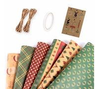 6 rollos de papel de regalo, papel de estraza, a cuadros, árbol de Navidad, reno, Papá Noel, papel de regalo con cuerda, calcomanías para baby shower, vacaciones, fiesta, 19.7 x 27.6 pulgadas por