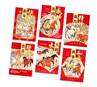 6 sobres de Año Nuevo 2026 con ilustraciones de caballos, papel grueso, para regalo, bolsillo para dinero, diseños de caballos de dibujos animados, paquetes rojos