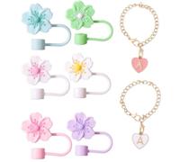 6 Tapas De Pajita De Flores, 2 Piezas De Cadena Para Vasos, Cubierta Protectora De Pajita, Lindas Tapas De Pajita, Tapas De Pajita A Prueba De Polvo Y Fugas, Tapas De Pajita Reutilizables