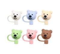 6 tapas de pajita de oso de silicona, fundas de paja suave de dibujos animados, tapas de paja de silicona para animales, accesorios para tazas