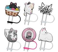 6 tapones de silicona a prueba de derrames para bebidas, tapas de popote para cubiertas de vasos, accesorios de vasos y animales de dibujos animados