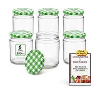 6 Tarros de Cristal 350 ml con Tapa Metálica Hermética Verde y Blanca, Botes/Frascos de Vidrio para Conservas, Mermeladas, Salsas, Miel, Legumbres y Despensa, con Etiquetas y Recetario PDF (6)
