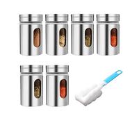 6 tarros de especias de acero inoxidable, juego de acero inoxidable, recipiente para especias de acero inoxidable con cepillo para utensilios de cocina, almacenamiento, organizador de cocina (plata)