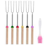 6 tenedores, 1 cepillo de aceite rosa, pinchos telescópicos para barbacoa, barras de acero inoxidable, barras de barbacoa, varillas retráctiles, varillas de barbacoa de malvavisco, adecuadas para