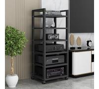 6-Tier AV Media Stand Entertainment Stereo Component Storage Rack Audio Rack with Height Adjustable Wooden Stand Suitable for DVD Players, Game Consoles(Black)