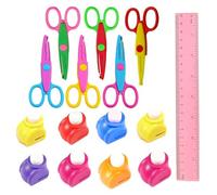 6 tijeras manualidades, tijeras zig zag para tela, tijeras con formas, una variedad de diseños divertidos, contiene 6 tijeras zigzag, 8 cortadores de galletas papel, 1 regla rojo, para hecho a mano