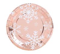 6 Unidades - Platos Desechables Cartón de Ø 23 cm Temática Navideña con Diseño de Copo de Nieve Blanco y Oro Rosa. Platos Biodegradables Navidad, 100% Reciclables. Perfectos Celebraciones y Eventos.