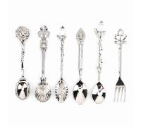 6 unids/set cuchara de café tallada Vintage cucharadita Retro aleación de zinc postre café vajilla cucharas cubiertos cocina(Plata)