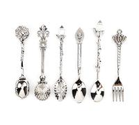 6 unids/set cuchara de café tallada Vintage cucharadita Retro aleación de zinc postre café vajilla cucharas cubiertos cocina(Plata)