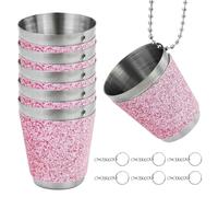 6 vasos de metal para colgar, vasos de chupito de acero inoxidable con cadena, 30 ml, color rosa, con 6 colgantes plateados de 25 mm con cierre de mosquetón